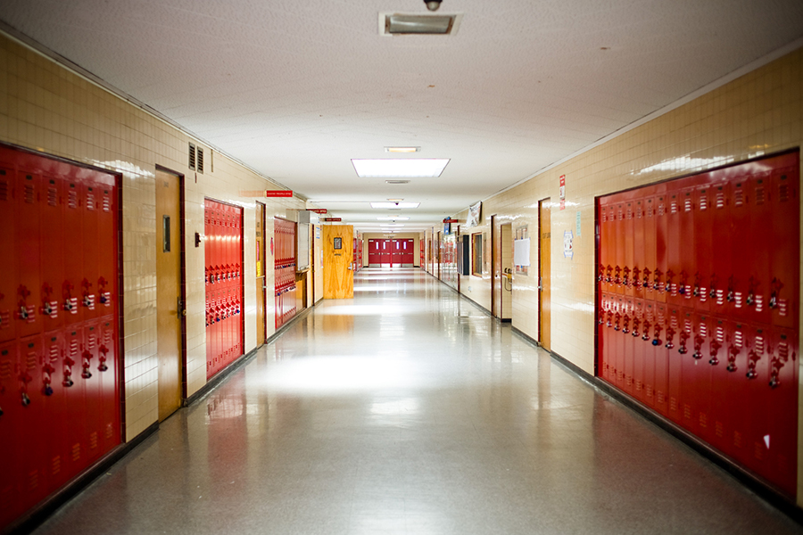 an empty high school hallway